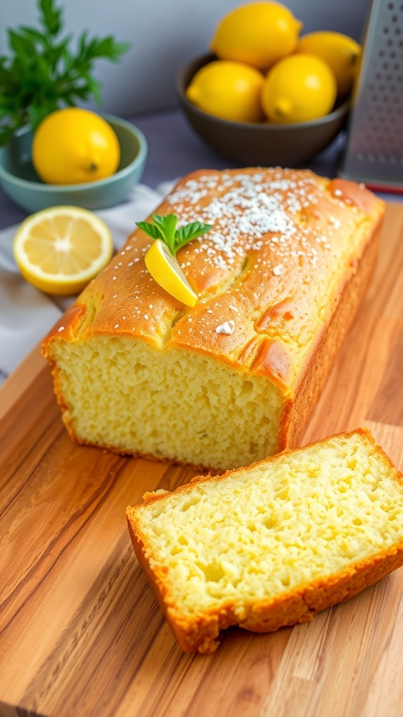 A golden loaf of lemon zucchini bread on a cutting board, garnished with lemon slices and powdered sugar.